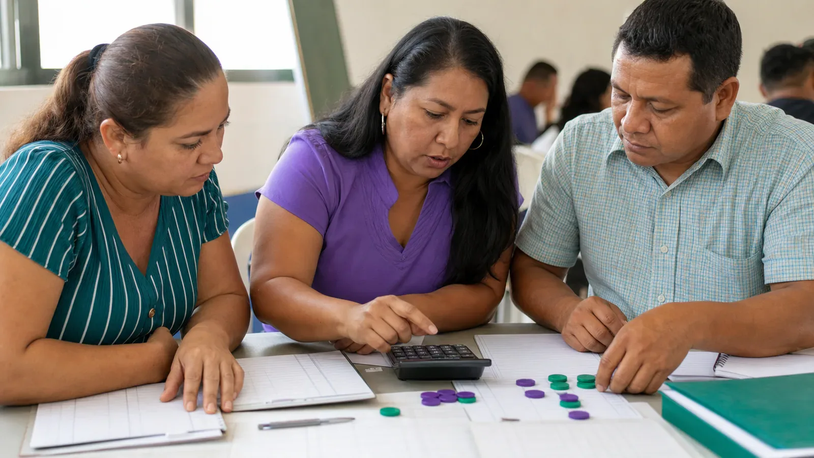 An instructor helps small-business owners complete a cash-flow exercise with a calculator and tokens.