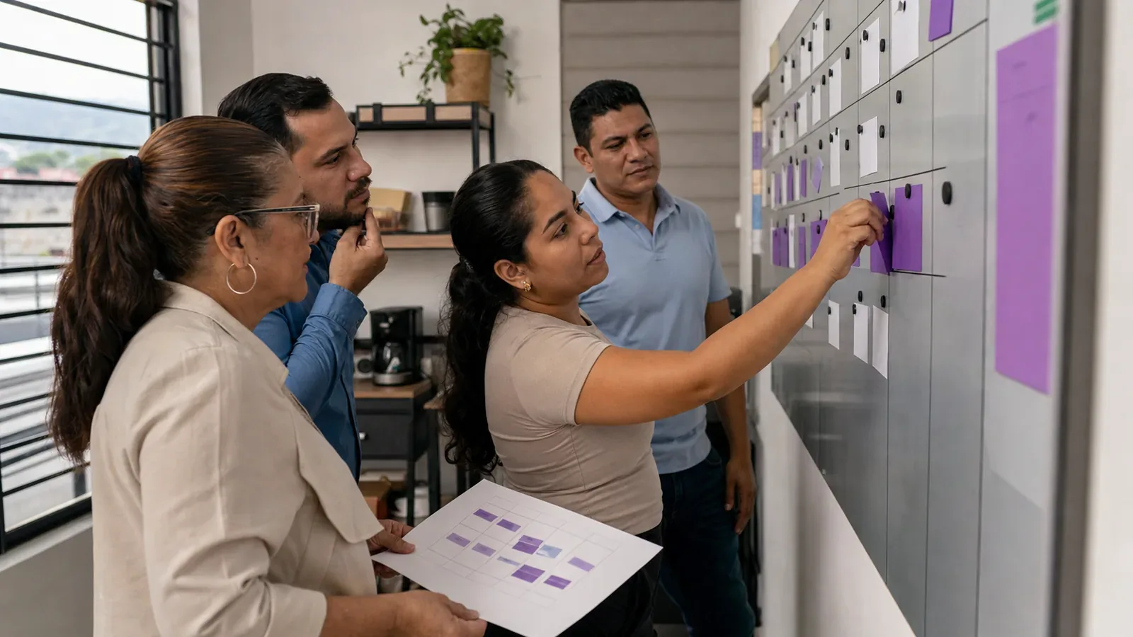 An operations team maps responsibilities and weekly tasks on a planning wall.