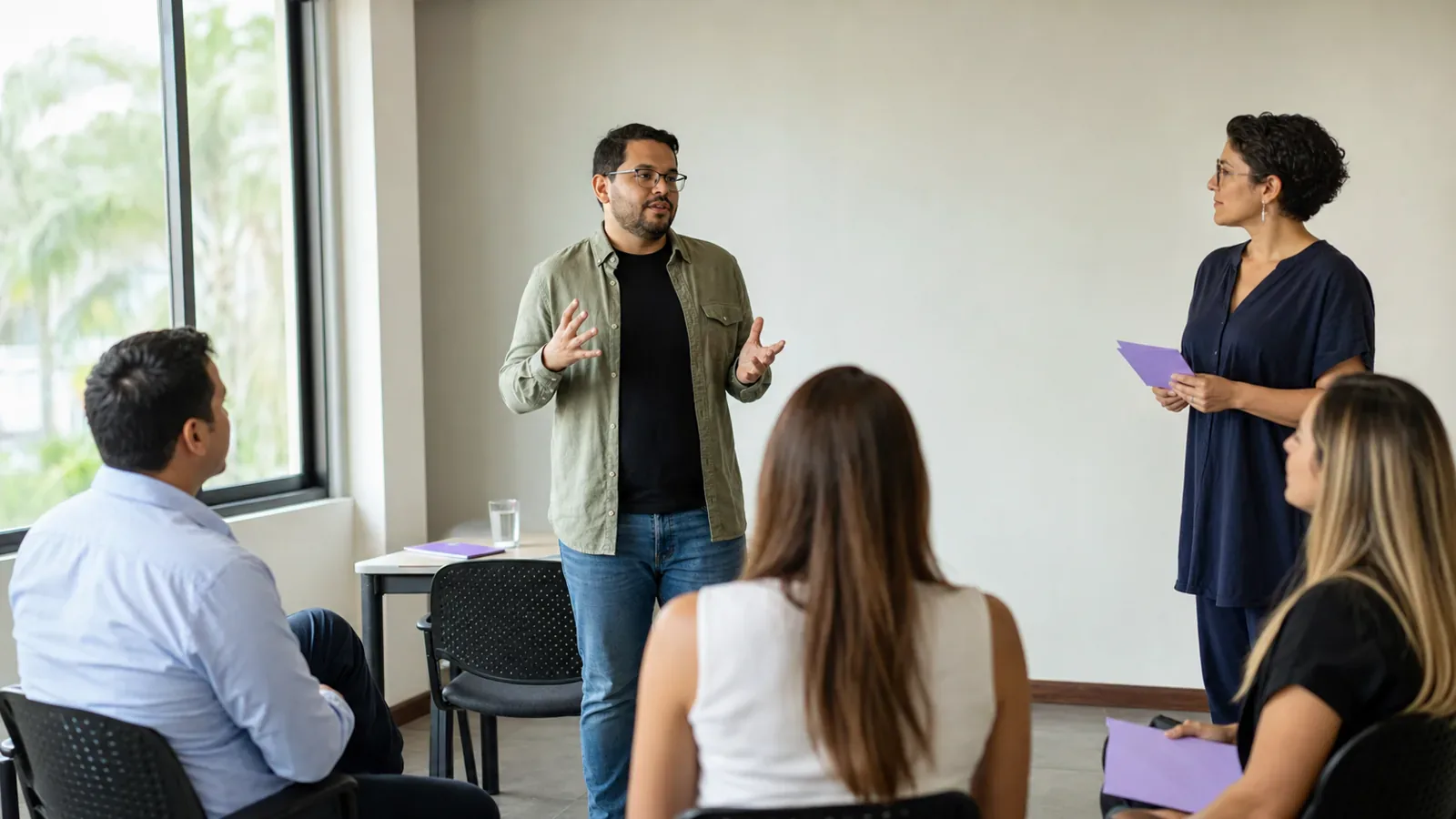 A participant practices a presentation while peers listen and a facilitator prepares feedback.