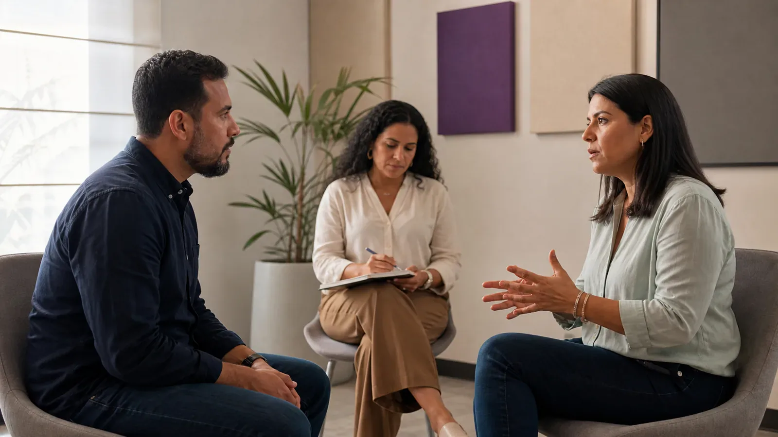Two colleagues practice an attentive workplace conversation while a facilitator observes.