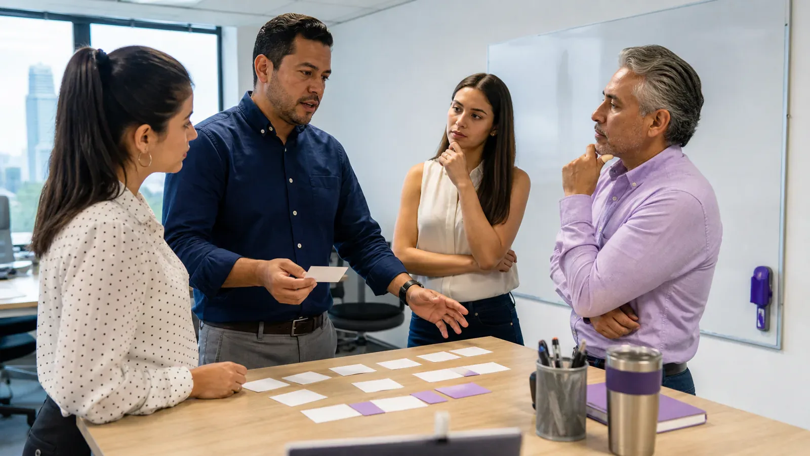 A team leader guides colleagues through a task-prioritization exercise with physical cards.