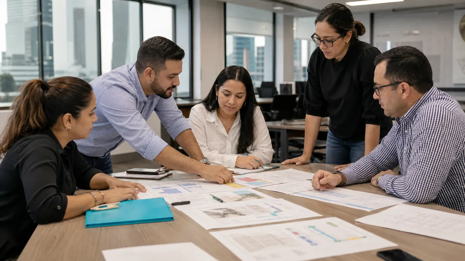 A company team works together on a practical operations challenge during a workshop.