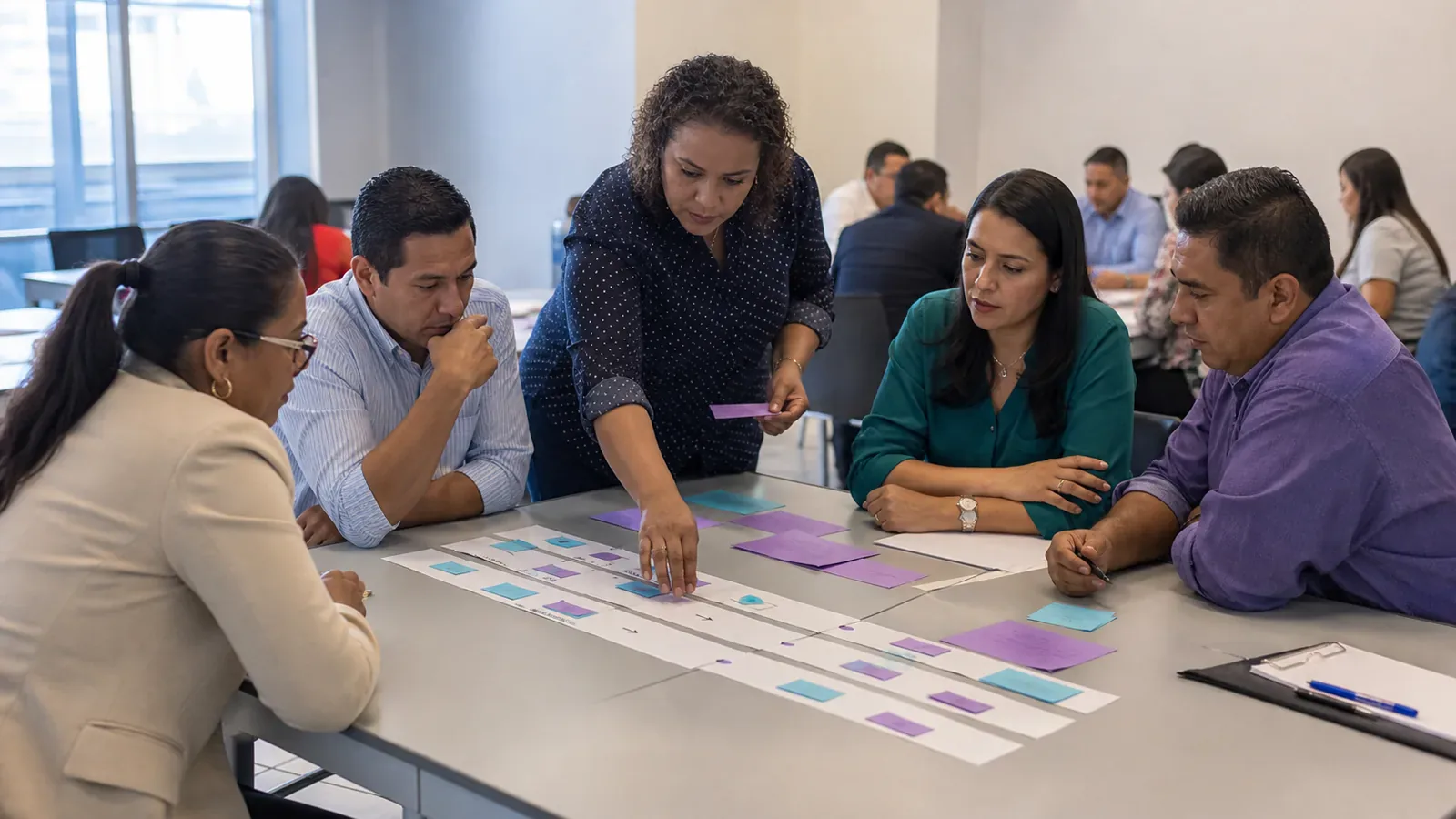 Public-service staff redesign a citizen-service workflow during a facilitated workshop.