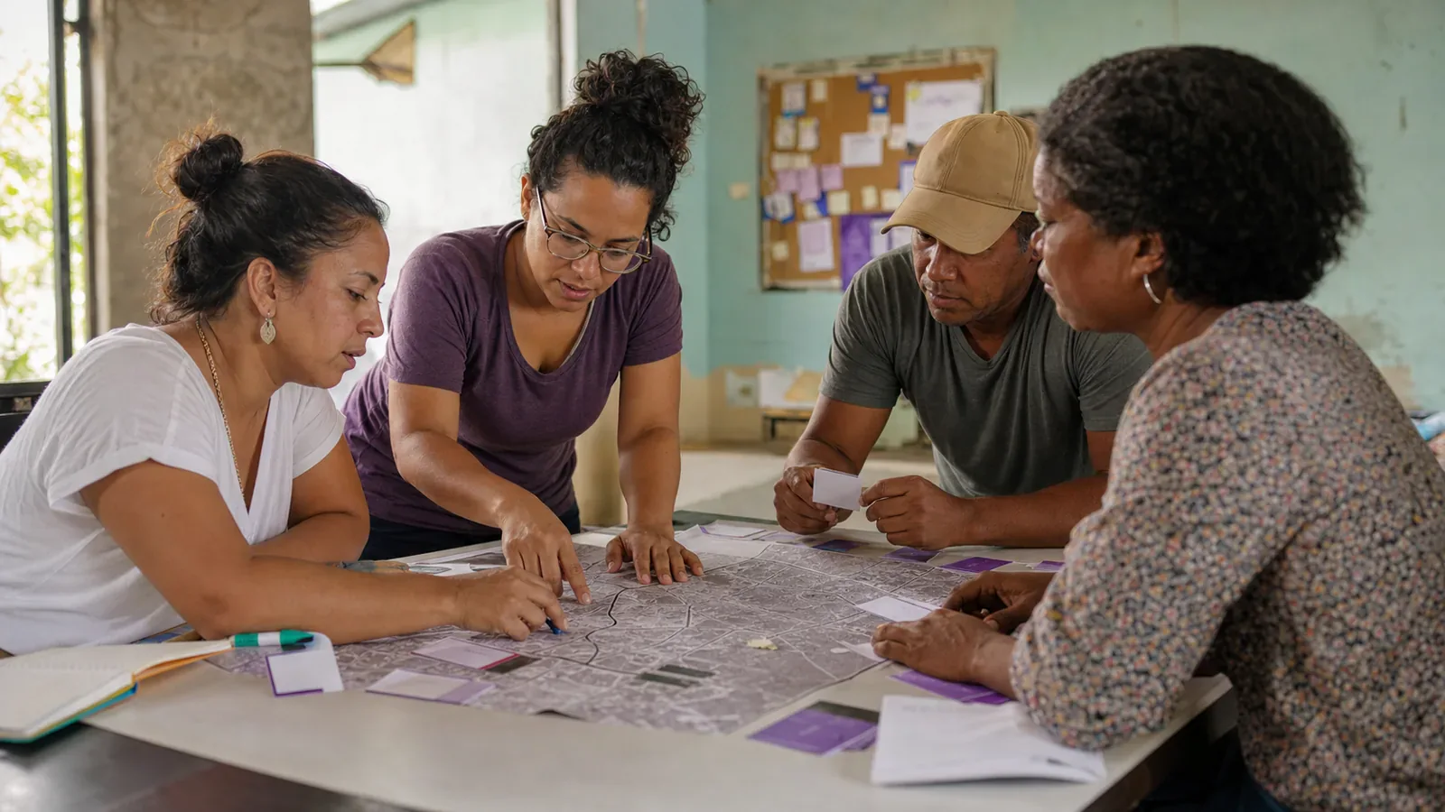 Nonprofit coordinators map a community program with a facilitator and activity cards.