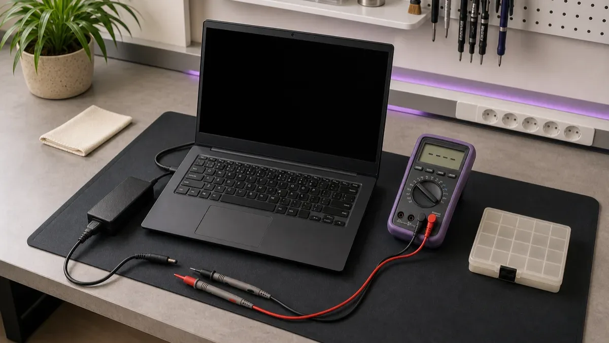 A laptop is prepared for diagnosis with repair tools and an electronic multimeter.