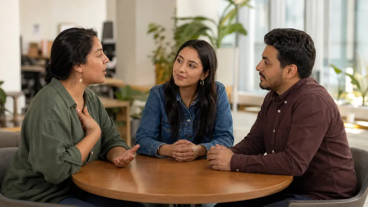 Three colleagues practice an attentive conversation about emotions in the workplace.