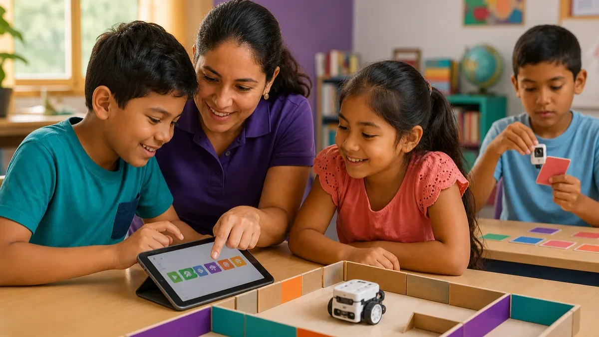 Children and a facilitator test a playful programming project with a tablet and educational robot.