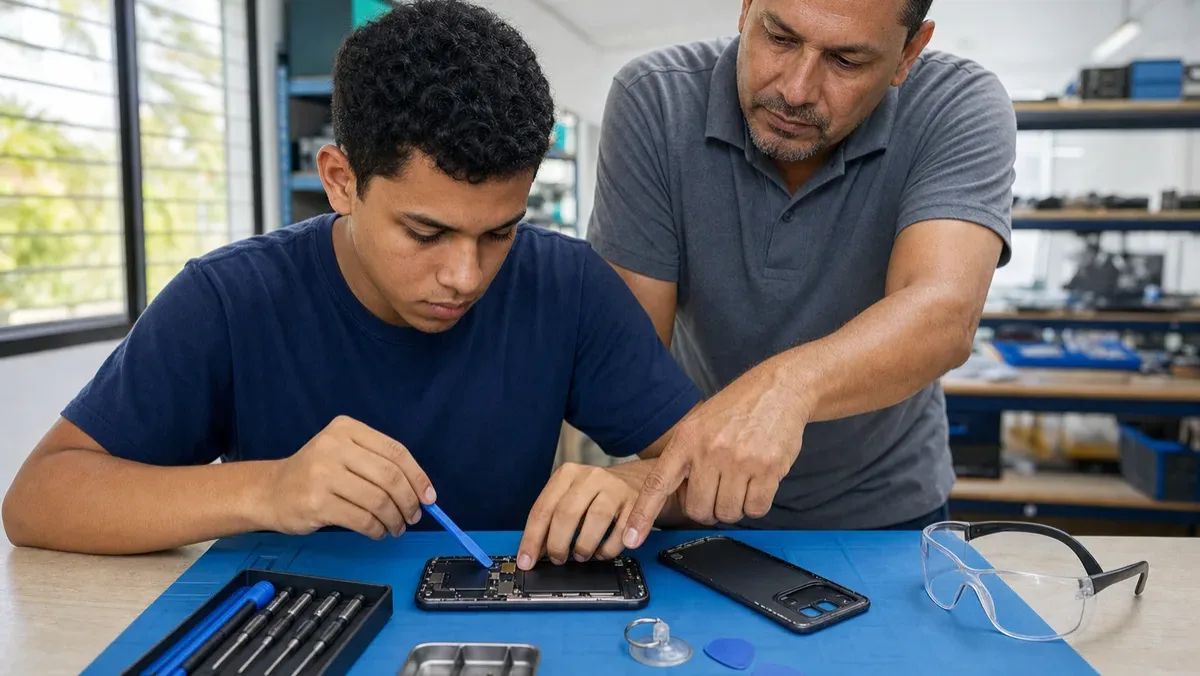 A technical instructor guides a learner through a hands-on mobile phone repair.