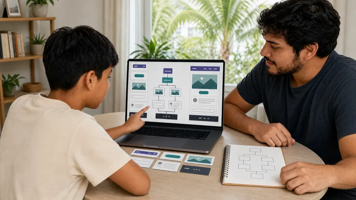 A learner and mentor review the responsive screens and flow of a web application.