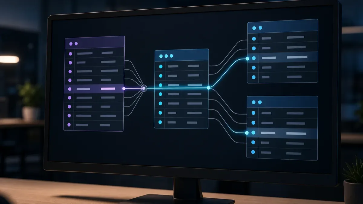 A relational database diagram connects several data tables on a computer screen.