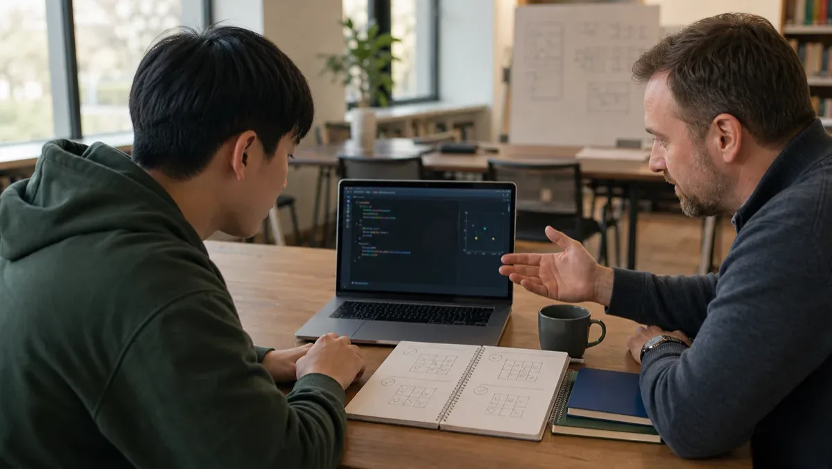 A programming mentor explains a first coding exercise to a learner at a laptop.