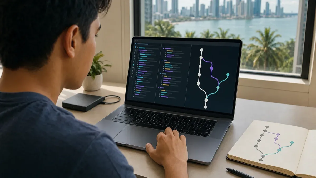 A developer reviews source code and a Git branch diagram while practicing collaborative software engineering.