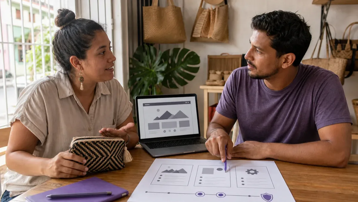 Two entrepreneurs review the interface and structure of a web project on a laptop.