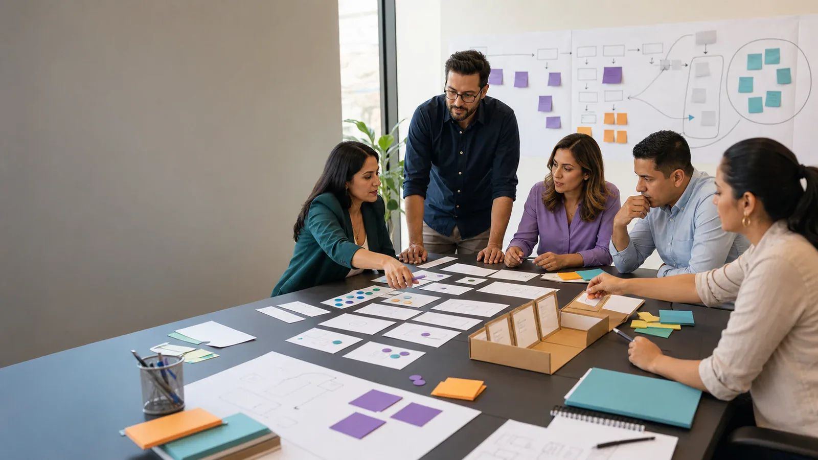 Business team prioritizes ideas and prepares a prototype during a creativity and innovation workshop.