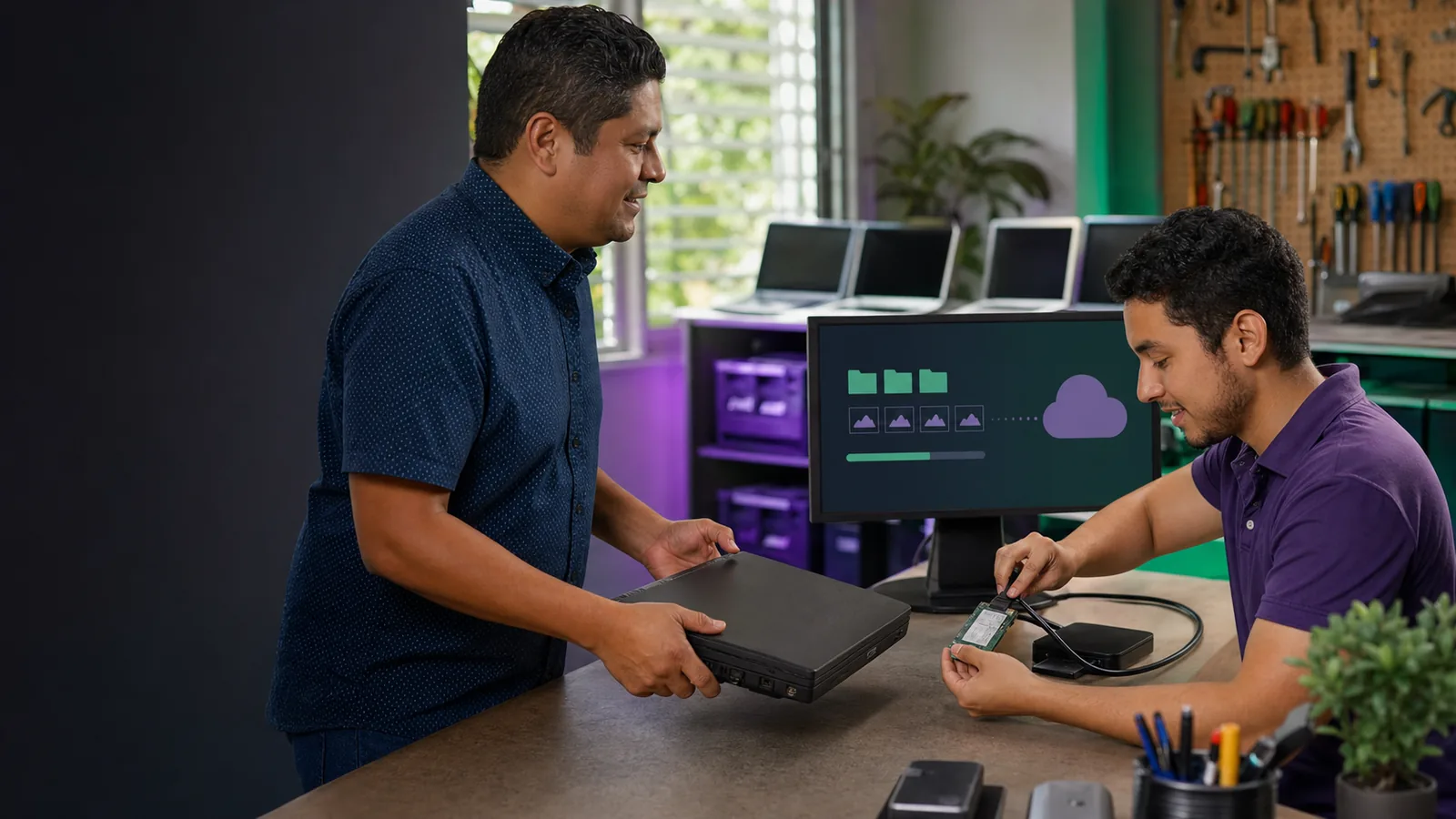 A Crezendo technician recovers files from a laptop while its donor delivers the computer for educational reuse.