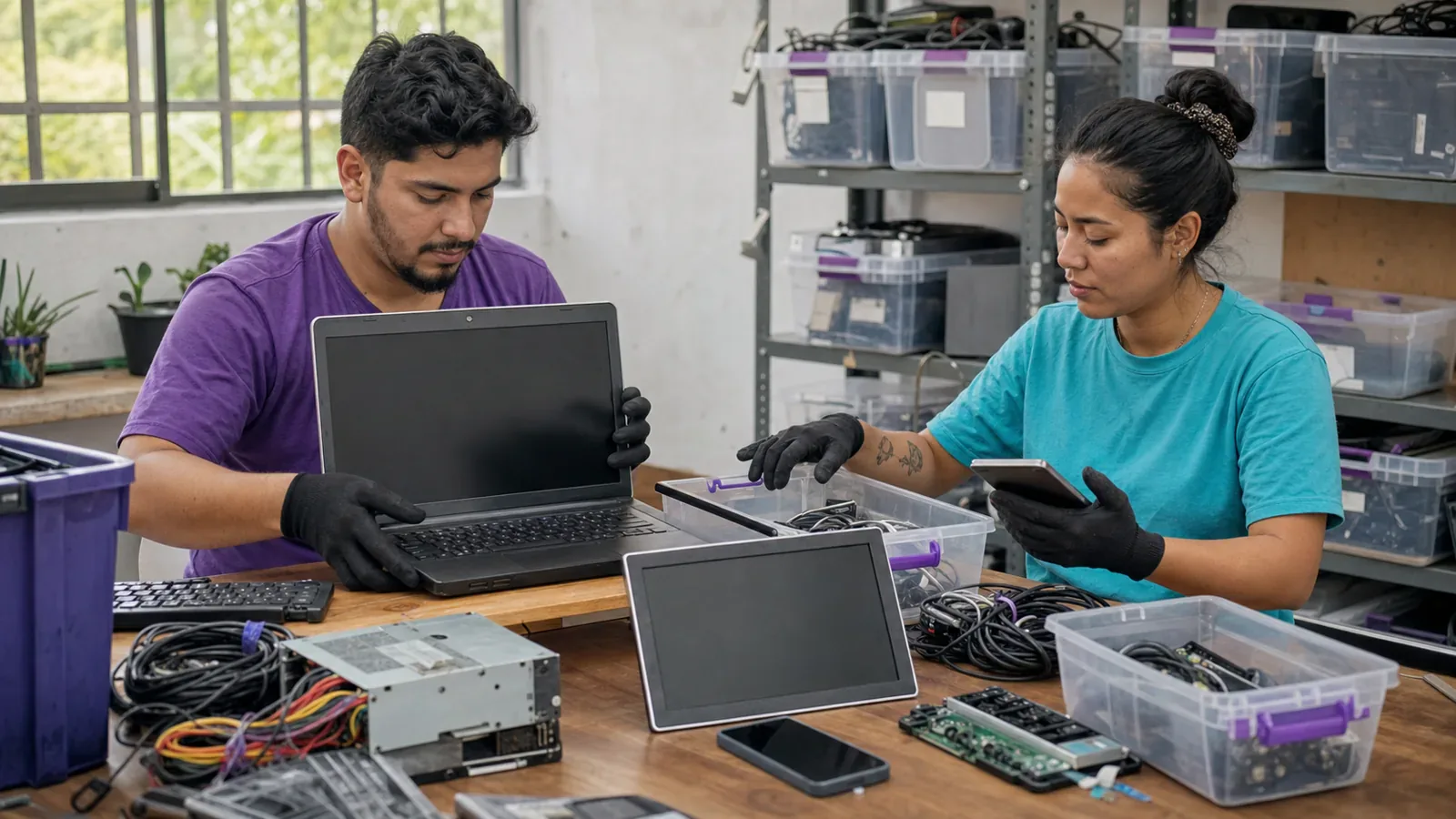 Two volunteers inspect and sort donated laptops, phones, cables and computer components.