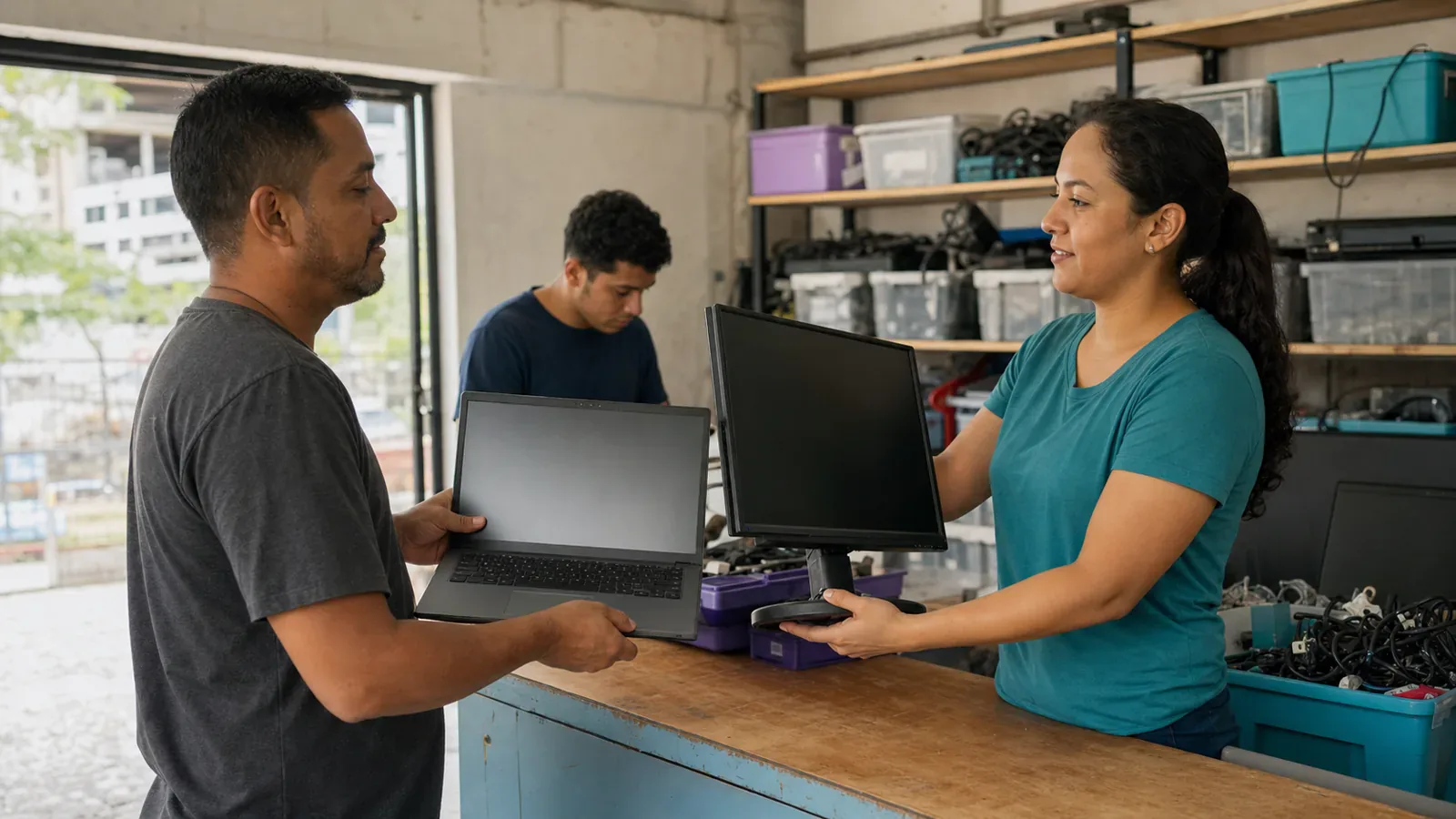 A donor brings a used laptop and monitor to a community technology-reuse intake.