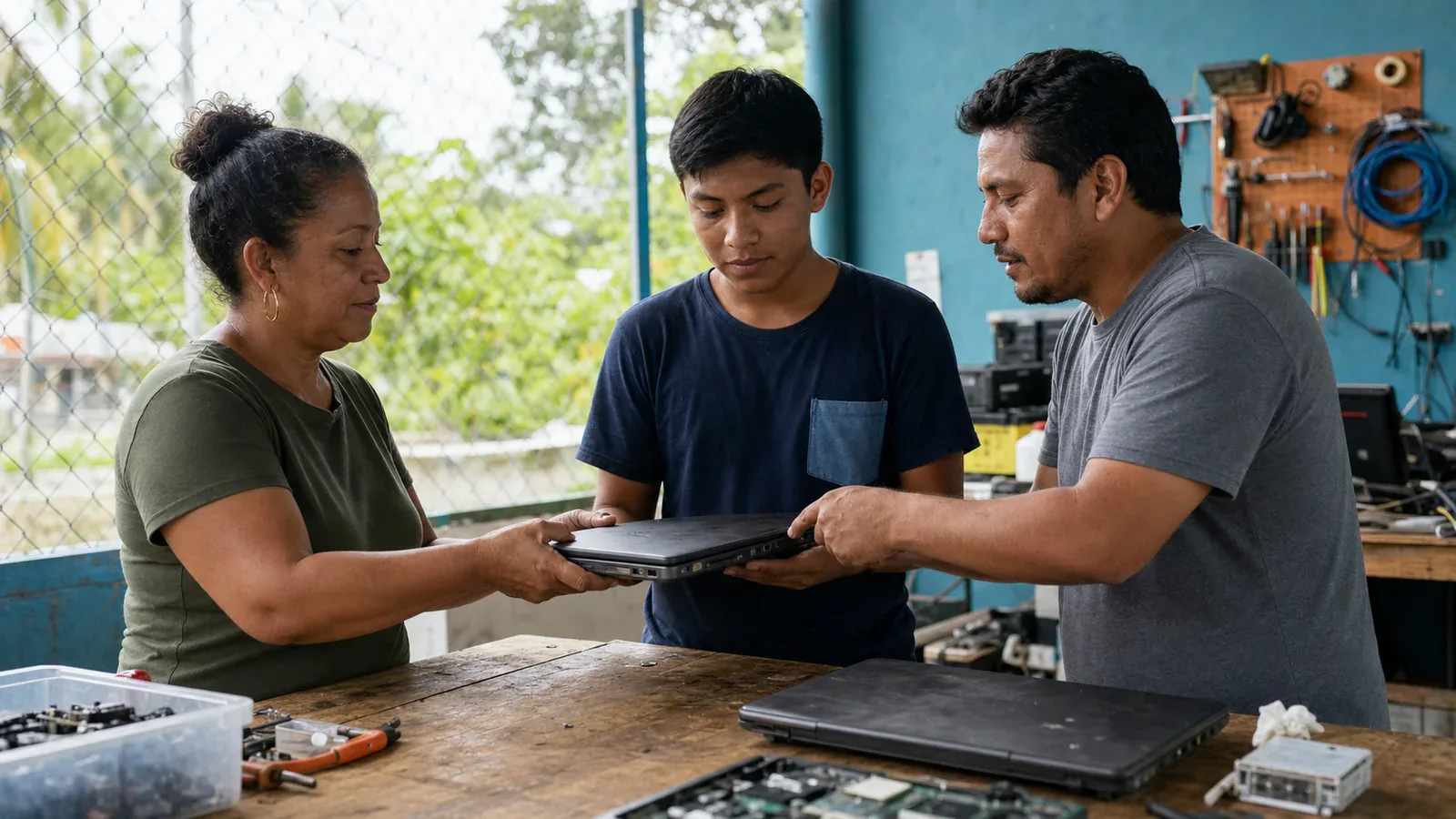 A donor hands over a used laptop while a young technician and mentor inspect it for educational reuse.
