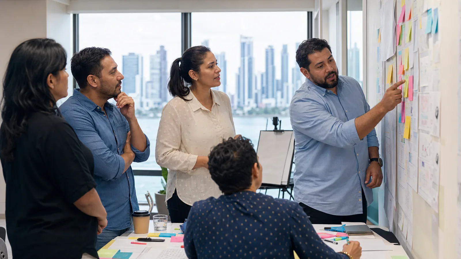 A workplace team compares ideas with a facilitator during a collaborative workshop.
