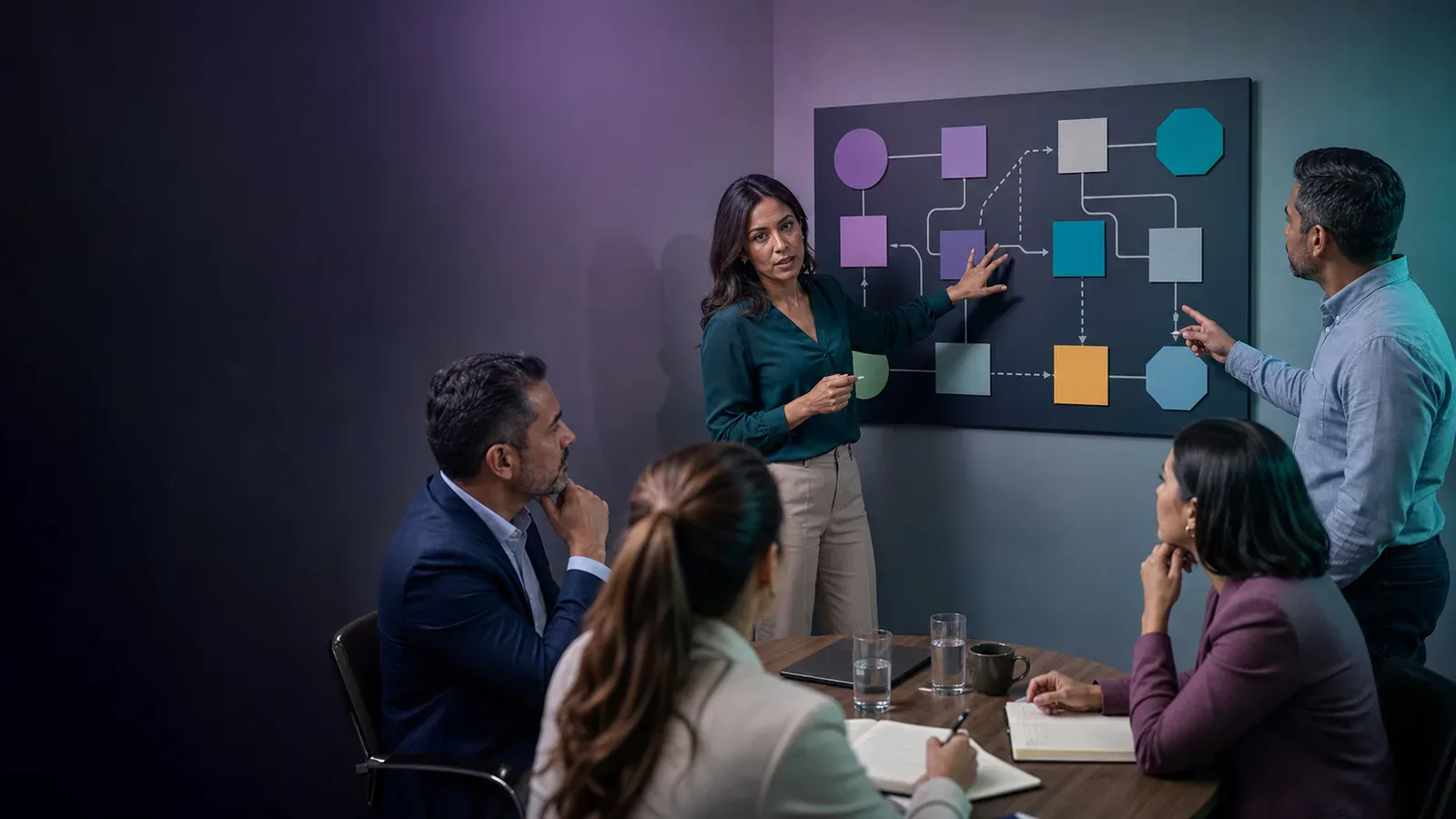 Five Latin American professionals analyze options as a manager facilitates a decision during a management skills workshop.