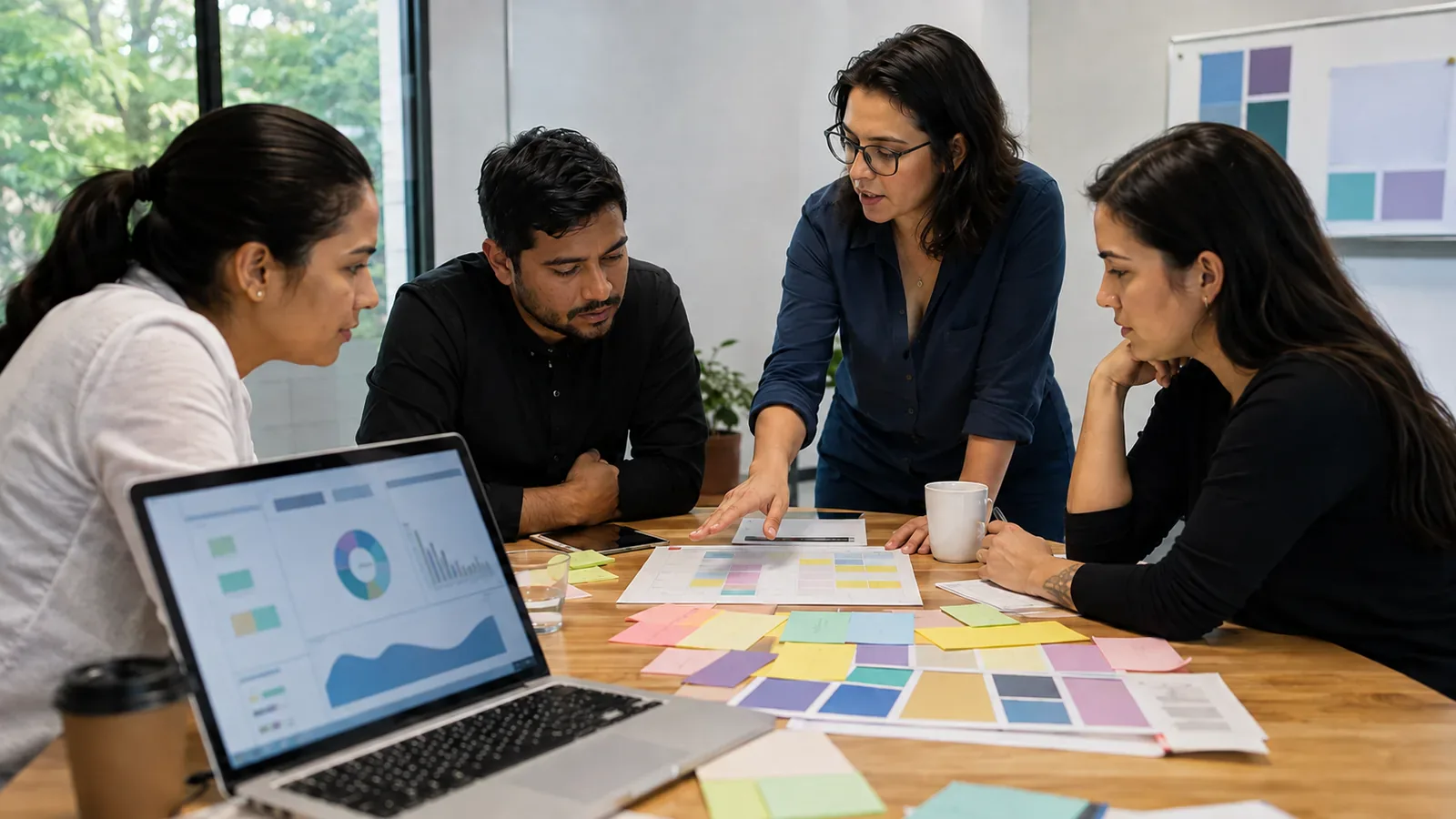Equipo empresarial latinoamericano organiza una campaña digital durante un taller.
