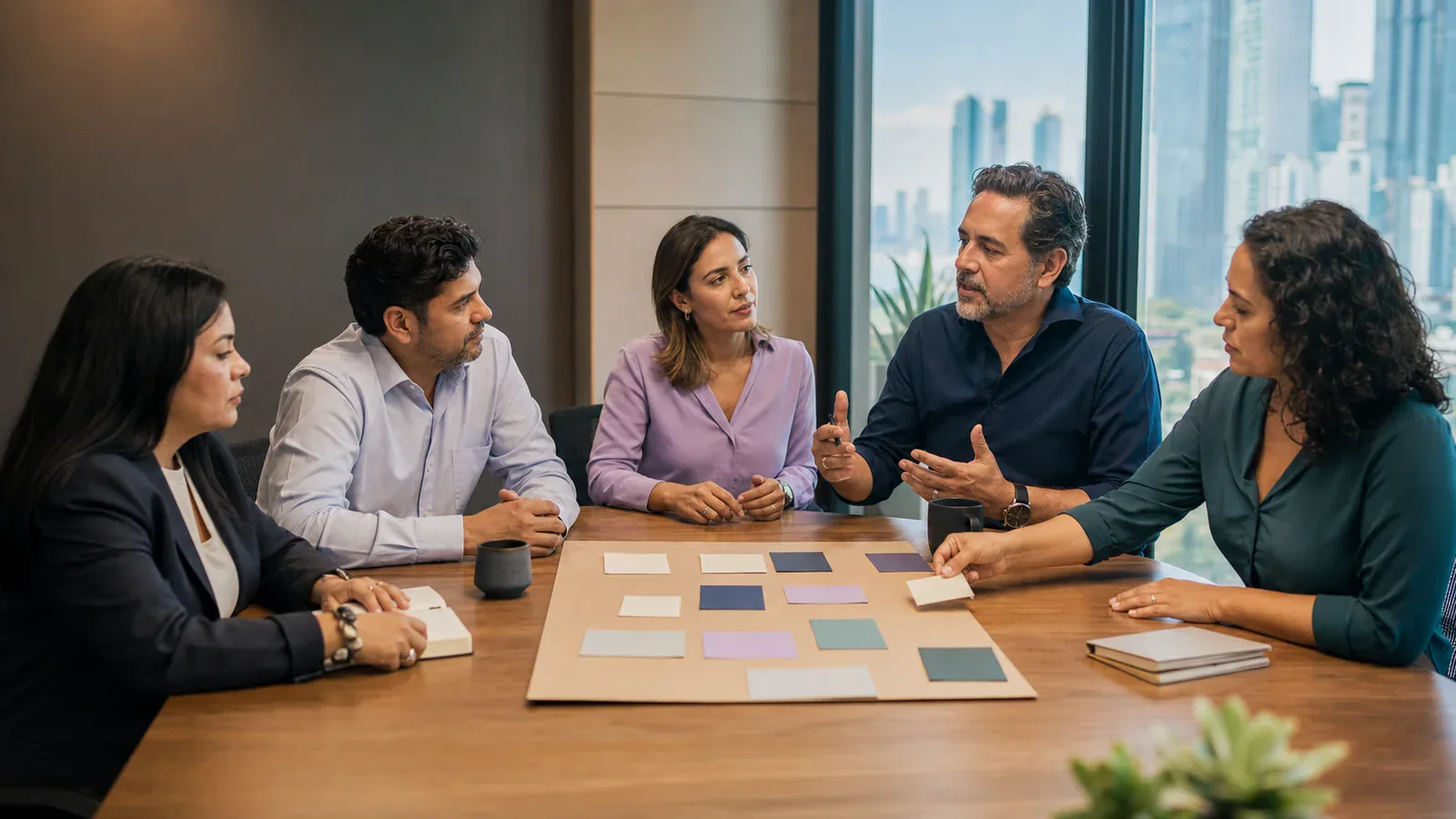 Five Latin American professionals discuss and organize working cards during an organizational climate workshop.