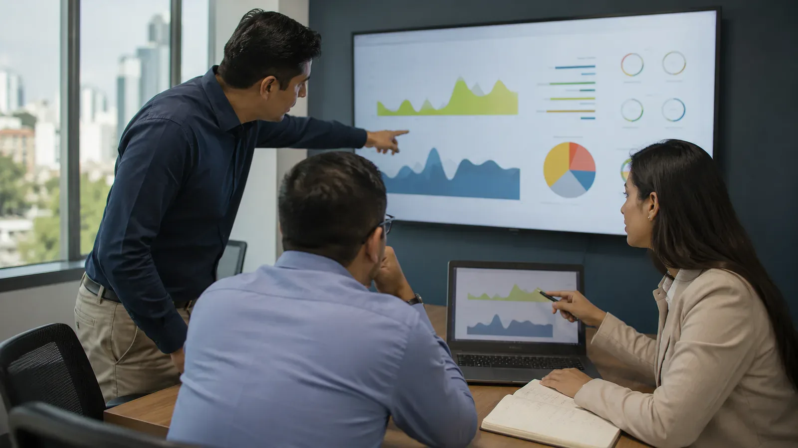 Profesionales latinoamericanos interpretan un tablero de datos durante una capacitación.