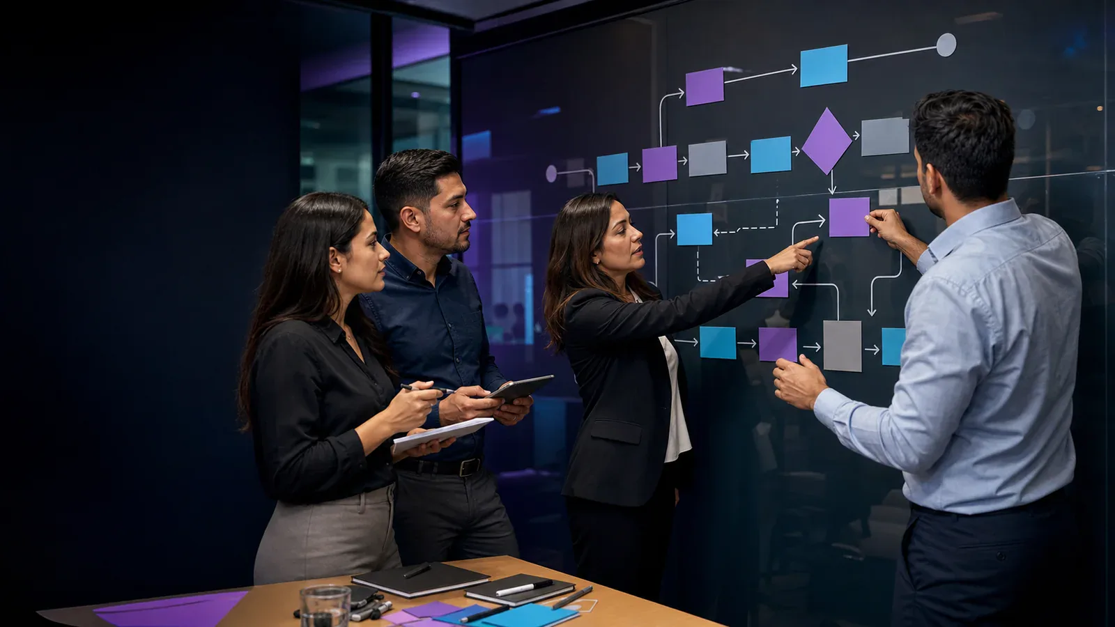 Four Latin American professionals analyze a workflow with stages and decisions during a process optimization workshop.