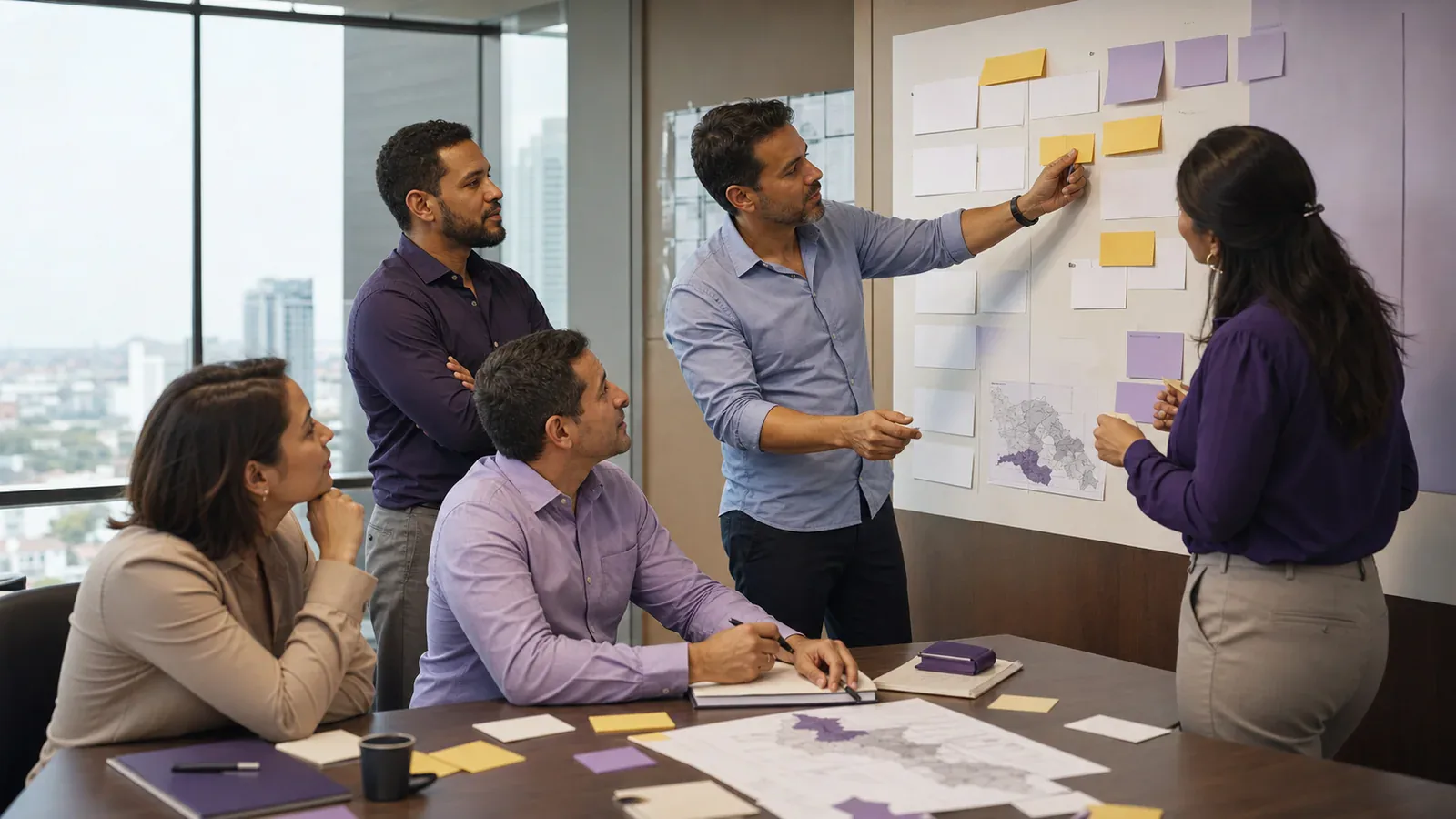 Latin American team prioritizes cards during a corporate strategic planning workshop.