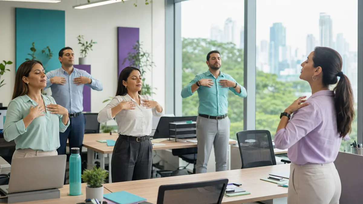 A facilitator guides a Latin American team through a brief breathing practice during the workday.