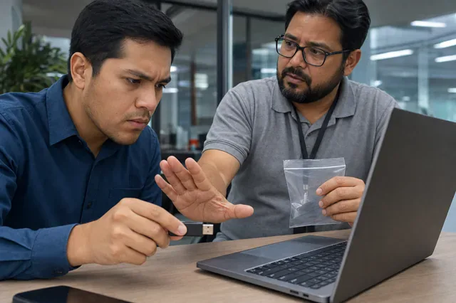 Empleado se detiene antes de conectar una memoria USB sospechosa.
