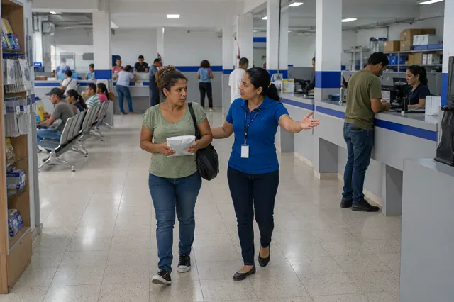 Colaboradora guía a una clienta confundida hacia el punto de servicio correcto.