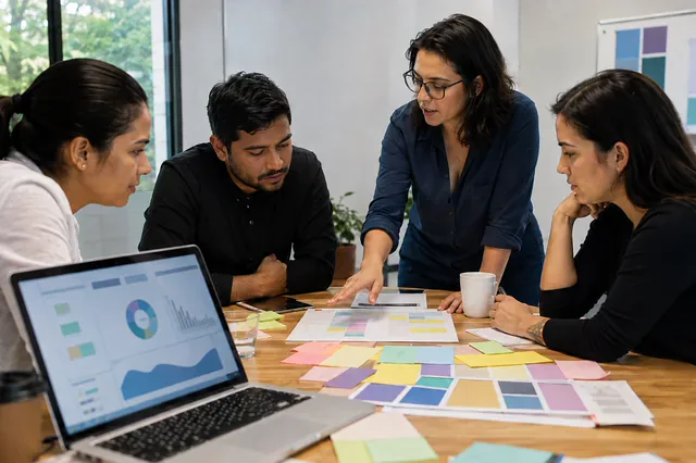 Equipo organiza una campaña digital sobre una mesa de trabajo.