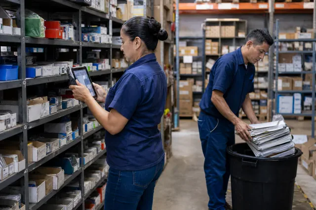 Trabajadores sustituyen formularios de inventario por escaneo con tableta.