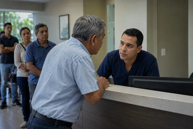 Recepcionista escucha con atención a un adulto mayor en el mostrador.