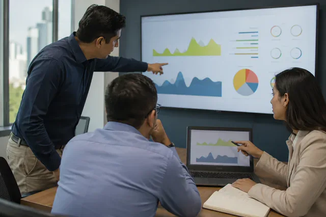 Profesionales interpretan un tablero empresarial durante una capacitación.