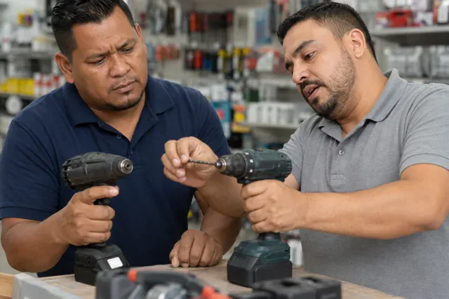 Vendedor demuestra una diferencia funcional a un cliente que compara productos.