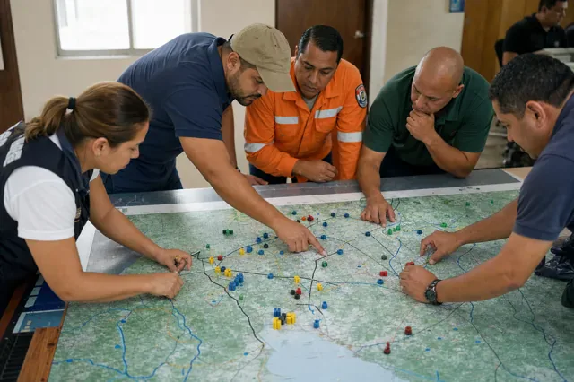 Equipo prioriza rutas y recursos sobre un mapa físico de instalaciones.
