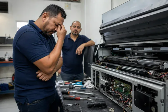 Técnico hace una pausa para serenarse ante una máquina averiada.