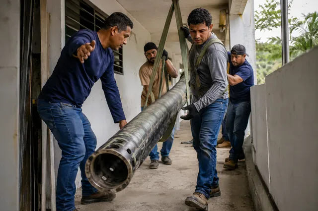 Equipo coordina el traslado de una pieza larga por un pasillo estrecho.
