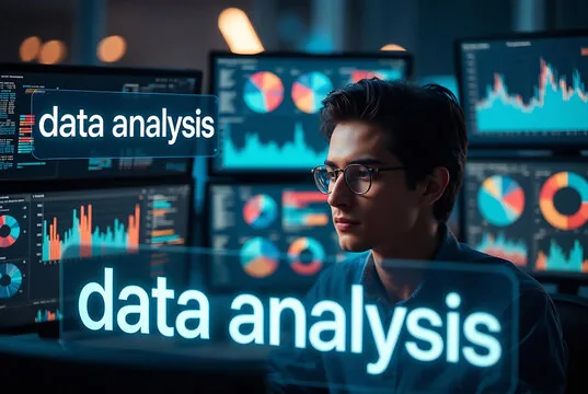 Young data analyst in glasses, surrounded by screens displaying charts and "data analysis" text.