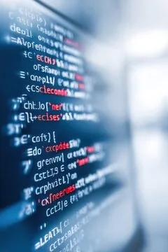Programming code on screen, with blue and red text on a dark background, focused on the bottom left.