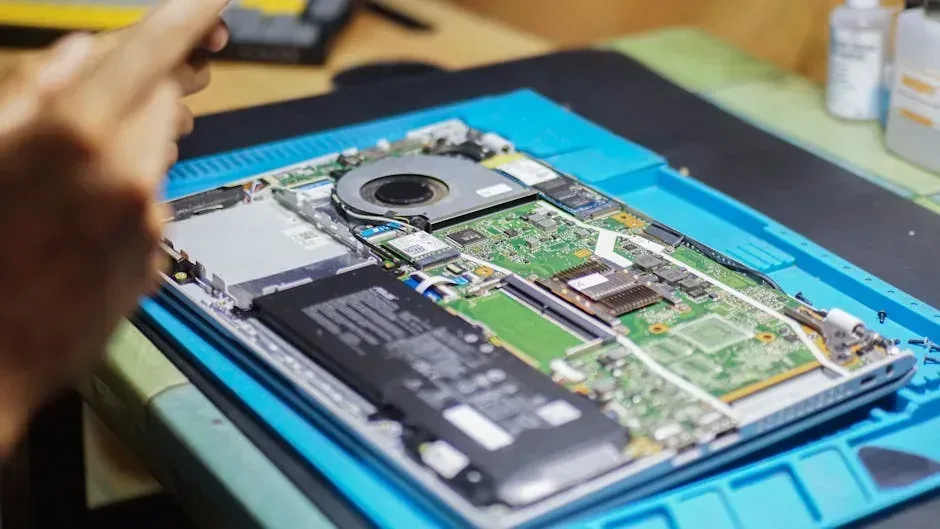 Open laptop on a blue anti-static mat, displaying its internal motherboard, battery, and fan. A hand works on components.