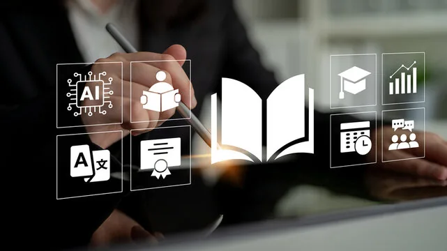 Person interacting with digital education icons, including AI, books, graduation, and data analysis.