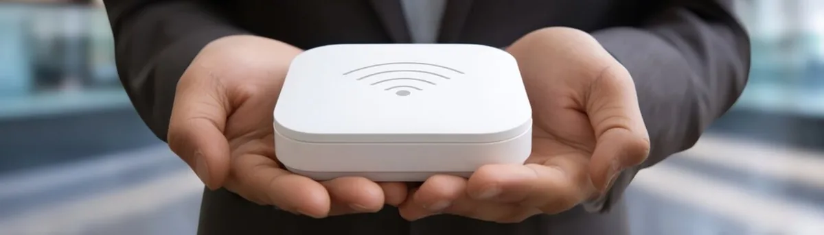 Hands holding a white device with a WiFi signal icon, symbolizing connectivity or an access point.