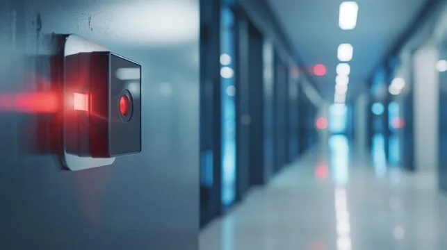 Security reader with bright red light on wall, blurred modern office hallway in background.