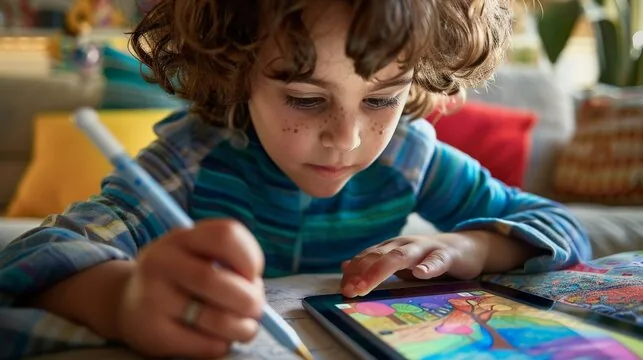 Curly-haired, freckled child intently drawing with a stylus on a digital tablet.