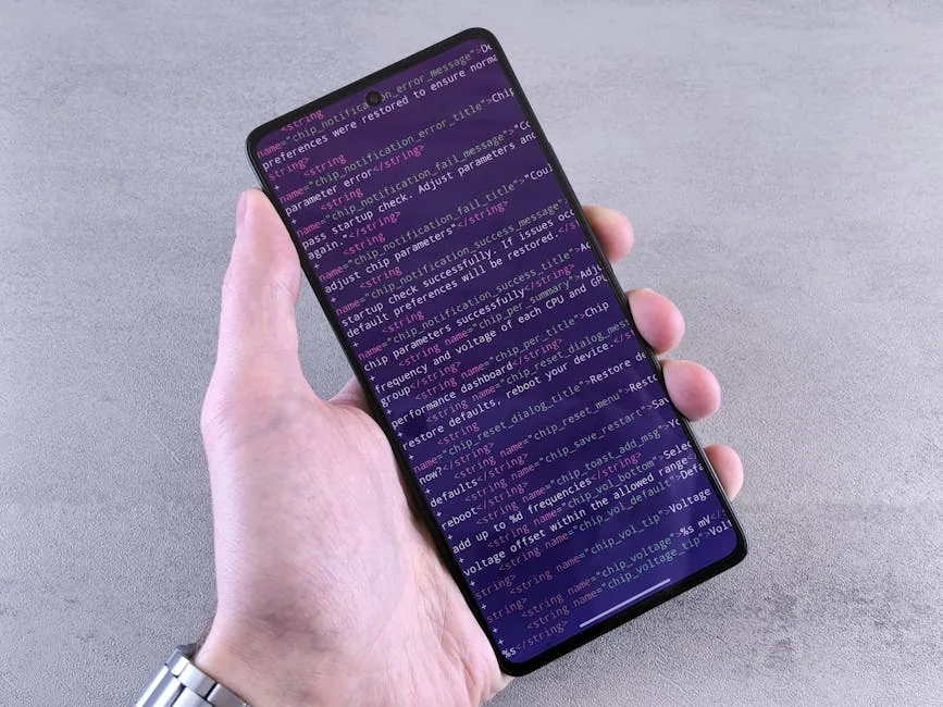Hand holding a smartphone displaying purple XML code for system configuration, chip settings, frequencies, and voltage.