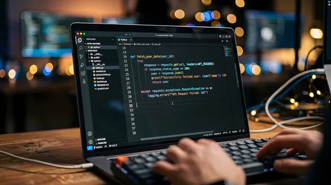 Hands typing Python code on a laptop, with a dark development environment and bokeh lights in the background.