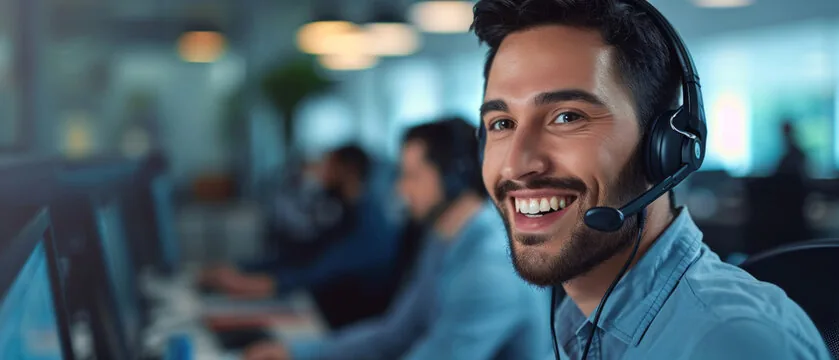 Smiling man with headset and microphone in a call center, with blurred colleagues in the background.